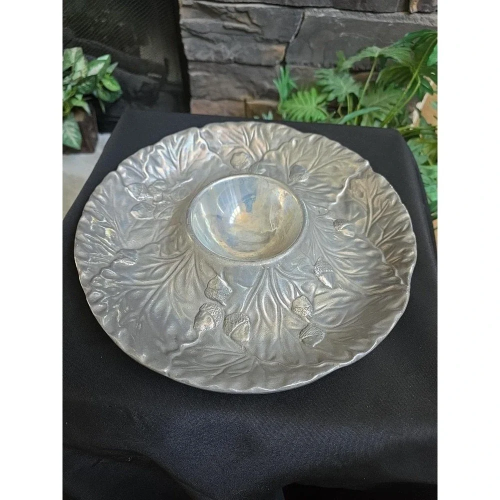 Pewtarex Acorn Pewter Chip/Dip Veggie/Dip Platter 11